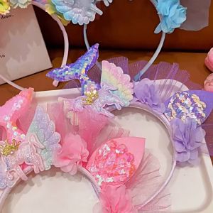 SKISOPGO พร้อมส่ง ห่วงผมสำหรับเด็ก ที่คาดผม ที่มีสีสัน เลื่อม หางนางเงือก เปลือกหอย ผ้ากอซ พร็อพถ่ายรูป การแสดง ปาร์ตี้วันเกิด