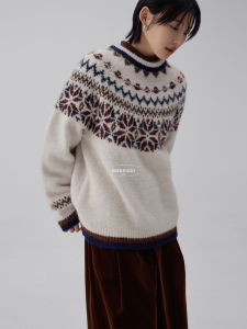 Sameuoo Culture Fair Isle Retro Knitted round Neck Sweater Women Winter Couple Red Knitwear Street Style Loose Fit Long Sleeve