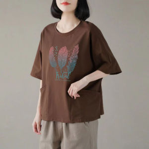 ผู้หญิง หลวม Fit ลำลอง ผ้าฝ้าย เสื้อยืดแขนสั้น สไตล์เกาหลี ฤดูร้อน ท็อปส์ซู กระเป๋าเสื้อ พลัสไซส์ ทันสมัย การแก้ไขอายุ