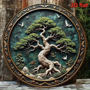 CIFbuy | Retro 2D Round Metal Sign 7.87" - Vintage Chinese Bonsai & Flying Birds Wall Art for Home Decor