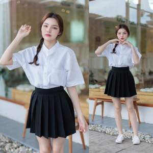 เสื้อนักศึกษาทรงบอย คอจีน ผ้าดิบ(อ๊อกฟอร์ด) ไซต์ S-50นิ้ว