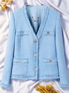Elegant Blue Tweed V-Neck Blazer