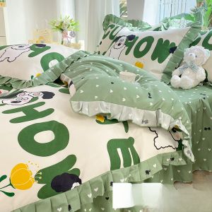 ชุดเครื่องนอนผ้าฝ้ายแท้สไตล์เกาหลี: ปลอกผ้านวมกระโปรงเตียงและผ้าปูที่นอนพร้อมลายดอกไม้พืชเพื่อความสะดวกสบายและเก็บความร้อนคุณภาพเยี่ยม