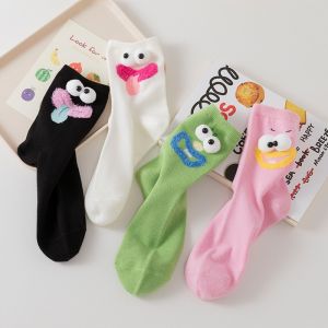 1 Pair Fashion Woman Socks Funny Creative Dopamine Solid Color Cartoon Eyes Couples Socks