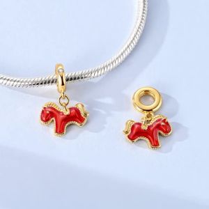Mặt Dây Chuyền Charm Bạc 925 Mạ Vàng Hình Ngựa Đỏ Vui Tươi Dành Cho Nữ Tự Làm Đồ Trang Sức Phù Hợp Với Vòng Tay Hoặc Dây Chuyền