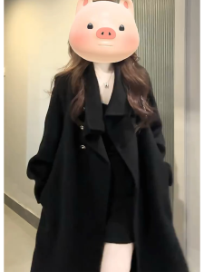 Black Woolen Coat Womens 2024 New Autumn Winter High-End Feeling Tweed Jacket Korean Style Small Size Mid-Length