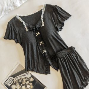 miiow | Cat Ice Silk Sleepwear Summer Short Sleeve Long Pants Shorts Three Piece Set Thin Pure Desire Home Clothes With Chest Pad