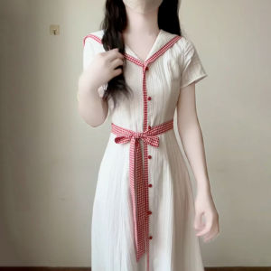 unifittoo | French Style White Age-defying Waist-cinched Summer Dress Womens Beach Vacation Elegant Long Dress Cotton Short Sleeve V-neck