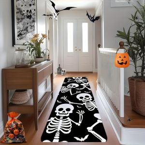 VIKAMA Halloween Skeleton Runner Thảm Đen Trắng Thiết Kế Hình Đầu Lâu Hình Dơi Chống Trượt Dài Thảm Trải Sàn Cho Hành Lang Lối Vào Trang Trí Tiệc Ngày Lễ
