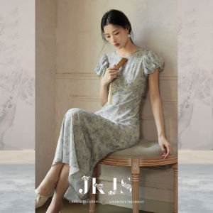 JK&JS | Linen Print Bubble Sleeve Elegant Long Dress