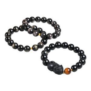 Gift Black Obsidian Bead Jade-Inlaid Gold Charm Bracelet