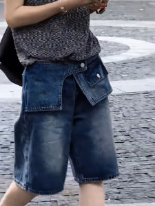 High Waist Patchwork Denim Shorts Womens plus Size Pear Shape Slim A-Line Straight Five-Quarter Pants Commute Style Korean Version