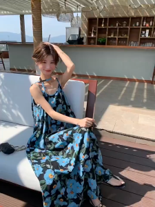 FASHLOVER Blue Floral Sleeveless Dress High-end Suspender Seaside Long Dress Women Vacation