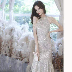 Elegant Short Womens Evening Gown Sparkling Sequins Floor-Length Slim Fit Korean Style for Company Year-end Celebration