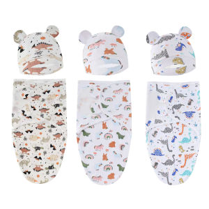Baby Blanket Hat Set Cartoon Printed Cotton Newborn Swaddle Adjustable Infant Sleeping Swaddle Wraps All Seasons 0-6 Months