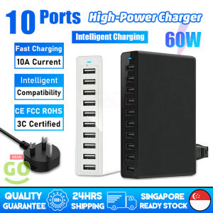 🇸🇬[Ready Stock] UK Standard 10-Ports Smart Fast Desktop Charger 10 USB Charger Travel Multi Plug Charging Station 60W Power Adapter for iPhone Huawei Samsung