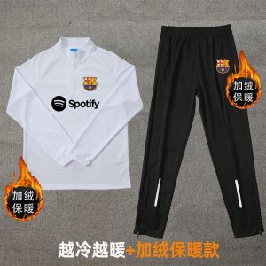 ชุดฝึกซ้อมฟุตบอลบาร์เซโลนา ผ้าขนแกะ 2 ชิ้น ฤดูใบไม้ร่วง/ฤดูหนาว ออกกำลังกายกลางแจ้ง วิ่ง ชุดกีฬา แขนยาว กระดุมครึ่งตัว