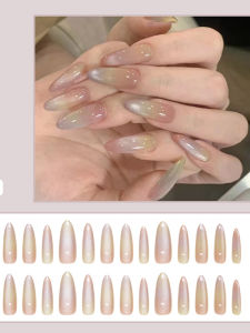 Summer Candy Tie-Dyed Almond Nail Wear Nail Long Dream Rainbow Blooming Ice Transparent Cat Eye Fake Nail Patch