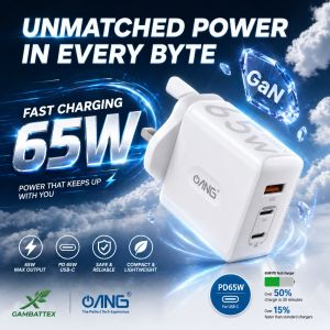 OANG PD65W GaN Fast Charger | 3-Port (Dual USB-C + USB-A) | UK 3-Pin Adapter for Laptops Smartphones & Tablets