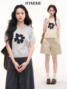 HTMEME | Versatile Flower Pattern Short Sleeve Summer Knitwear 6% Wool
