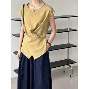 Cotton Linen Blouse for Women with Short Sleeves and Asymmetrical Crossbody Button Up Mid to Long Length Pure Color Work Clothing