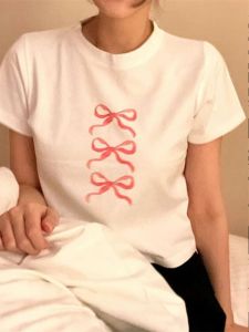 up and on Korean Simple Personalized Bows Pattern Short All-Match Slim Looking Short Sleeve Crew Neck T-shirt Top