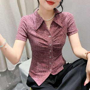 YIMEI 2024 Summer Fashion Texture Flip Collar Button Up Shirt Womens Short Sleeve Pleated Slim Fit Large Top