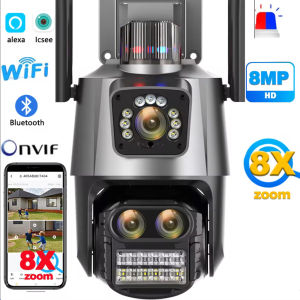 IP Camera 8MP 4K WiFi Surveillance Camera Three Lens Dual Screen PTZ Camera Police Light Alarm CCTV Security Camera ICSEE Alexa