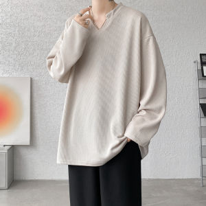 เสื้อยืดคอกลมแขนยาวถักหลวมๆ สำหรับผู้ชาย ฤดูใบไม้ร่วง ไซส์ใหญ่ ลำลอง เสื้อชั้นใน คอวี เสื้อสเวตเตอร์ ลำลอง แฟชั่น