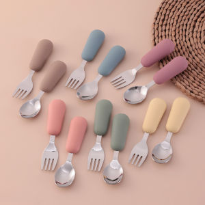 2PCS Stainless Steel Infant Feeding Utensils Set Silicone Handle Non Slip Grip Food Grade Safe Toddler Cutlery Baby Stuff