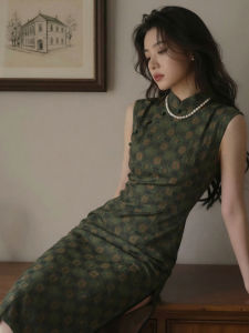 Slim Fit Breathable Sleeveless Retro Revamped Cheongsam Dress Dark Green Plaid