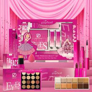 POPFEEL ชุดแต่งหน้าเจ้าหญิงสีชมพู - ชุดของขวัญเครื่องสำอาง 8 ชิ้น ประกอบด้วยอายแชโดว์ ลิปสติก บลัชออน คอนซีลเลอร์ แปรงแต่งหน้า คริสต์มาส