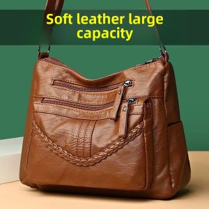 Lady Bag for the Middle-Aged Womens Messenger Bag New New Arrival K-style Easiest for Match Fashionable Washed Leather Soft Leather Multi-Pocket Large Capacity