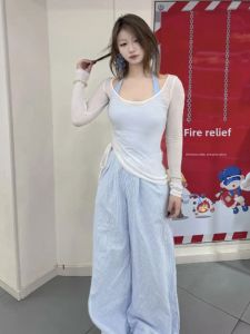 YUEZHONGWEI | White Summer Outfit 2025 Initial Dopamine Womens Long Sleeve Round Neck Two-Piece Set Neck Hanging Sunshade Top Long Pants