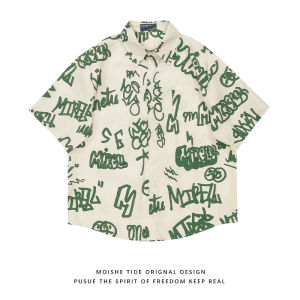 เสื้อเชิ้ตแขนสั้นลายตัวอักษร MOISHE TIDE ทรงหลวม แฟชั่นสตรีท สำหรับคู่รัก ผ้าโพลีเอสเตอร์ ฤดูร้อน 2024