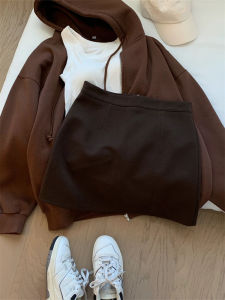 High Waist Coffee Color A-Line Short Skirt Womens Spring Autumn plus Size Flattering Woolen Anti-Light Wrap around Skirt