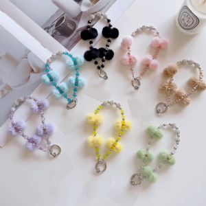 Crystal Fur Ball Beaded Mobile Phone Chain Autumn and Winter Double Chain Mobile Phone Pendant Creative Keychain Bag Hanging Ornaments
