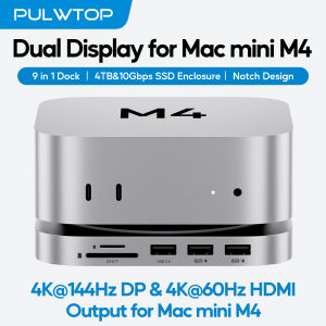 PULWTOP Mac Mini M4 Dock with 4TB NVMe SSD Enclosure (SSD NOT Included) DP 4K 144Hz & HDMI 4K 60Hz USB A 2.0 SD/TF Audio