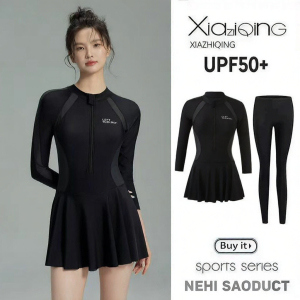 XIAZHIQING | Womens Long Sleeve Quick Dry Slimming One-Piece Skirted Rash Guard