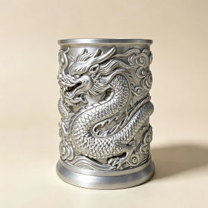 Matte Gold Chinese Dragon Embossed Pen Holder Oriental 3D Carved Dragon Sculpture Vintage Asian Aesthetic Desk Organizer
