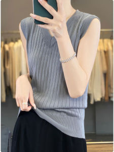 Áo Len Dệt Kim Mỏng Mùa Hè Cho Nữ Áo Vest Kẻ Sọc Dọc Ôm Vừa Vặn Cổ Chữ V Áo Khoác Ngoài Bằng Lụa Băng Áo Sơ Mi Dài Tay Thường