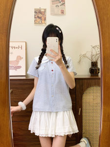 Áo Thun Tay Ngắn in Ren Màu Xanh Ngắn Cổ Búp Bê Cho Nữ Mùa Hè 2025 Phong Cách Hàn Quốc Cotton Polyester Thoáng Khí