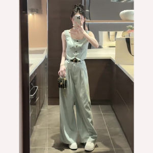 Quần Short Denim Ống Rộng Lưng Cao Thời Trang Kèm Áo Vest Nữ Mùa Hè 2024 Bộ Đồ Hai Mảnh Phong Cách Mới