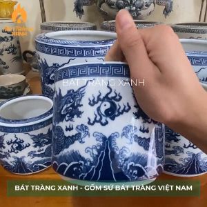 Bát hương Bát Tràng men trắng men lam loại I Bát nhang Lư hương thờ cúng vẽ tay họa tiết rồng cao cấp