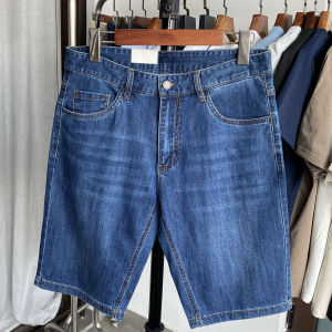 กางเกงขาสั้นผ้ายีนส์ทรงตรงเอวยางยืดสำหรับผู้ชาย ทรงหลวม สวมใส่สบาย ลำลอง ฤดูร้อน ระบายอากาศได้ดี กางเกงขาสั้นทรงตรง