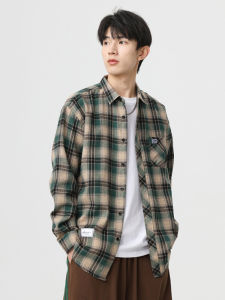 Military Green Plaid Long Sleeve Mens Shirt Loose Workwear Flocking Coat Spring Autumn American High Street Trendy Brand