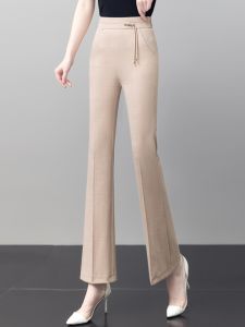 กางเกงขายาวทรงตรงผ้าไหมน้ำแข็งสไตล์จีนสำหรับผู้หญิง ฤดูใบไม้ผลิและฤดูร้อน เอวสูง กางเกงขายาวทรงหลวมสบายๆ