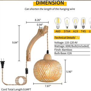 JOYINLED Bamboo Lantern Wall Lamp Natural Rattan Wicker E27 Chandelier Hand-Woven Bamboo Room Decor Lampshade Wall Light Fixture
