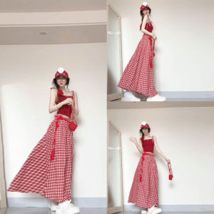 CHANGTONG | Vacation Style Red Knit Top and Skirt Set