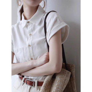 Fancy White Cotton and Linen Short-Sleeved Shirt for Women Summer Stylish Small Linen Shirt Professional Chic Tops
